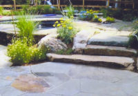 These natural boulder and fieldstone slab steps are the perfect transition from the pool spa to the pool deck of the irregular shaped, natural-looking pool in Westport, CT. 