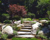 	In New Canaan, the addition of a poolhouse in the backyard of this property created some grade changes. Access from one area of the backyard to another was facilitated beautifully by these lovely boulder and stone steps. Note the lush and colorful plantings which enhance the journey. 