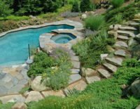 Another view of the pool in the previous photo. Note the irregular shaped fieldstone utilized the in the pool terrace. 